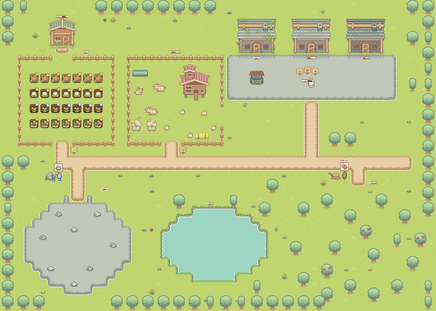 The whole valley map: your house, the field, the barnyard, the town, the quarry, the lake and the forest